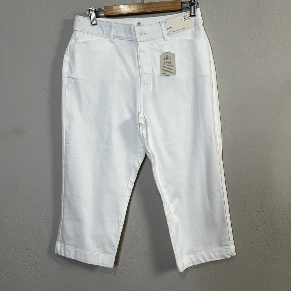 NEW St Johns Bay Pants Women's 8 White Mid Rise Easy Fit Capri‎ Secretly Slender